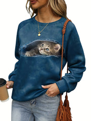 Cat Print Sweatshirt Casual Crew Neck Long Sleeve Sweatshirt
