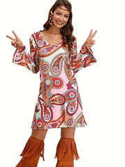 Floral Print Flared Sleeve Dress Hippie V neck Dress For Spring & Summer