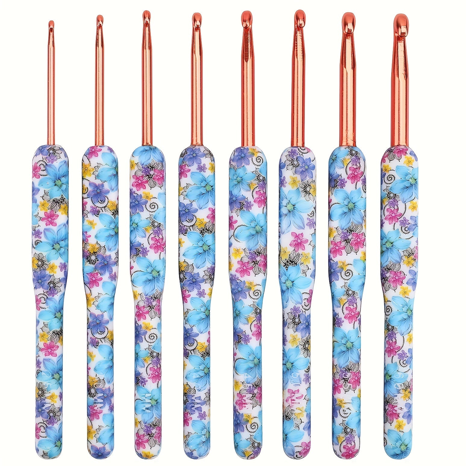 8pcs Aluminum Crochet Hooks Set Bule Floral Ergonomic Handle Comfort Grip