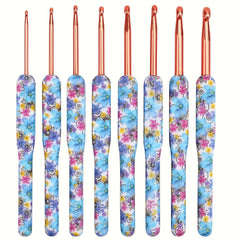 8pcs Aluminum Crochet Hooks Set Bule Floral Ergonomic Handle Comfort Grip