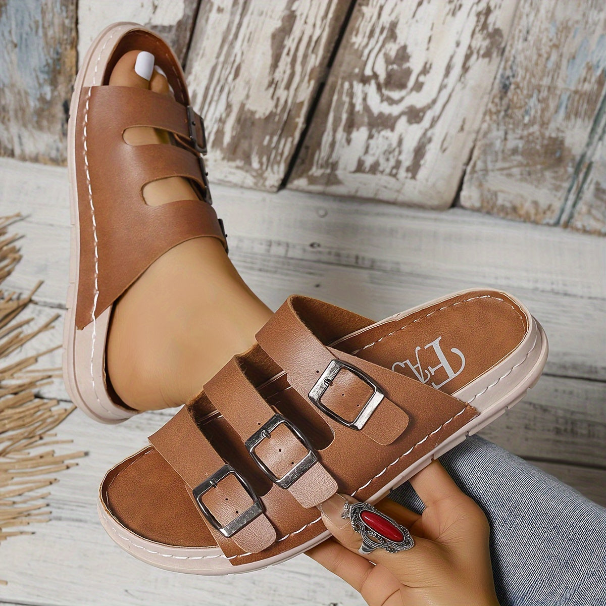 Women's Non-Slip Slippers with Three Buckles Open Toe Beach Shoes