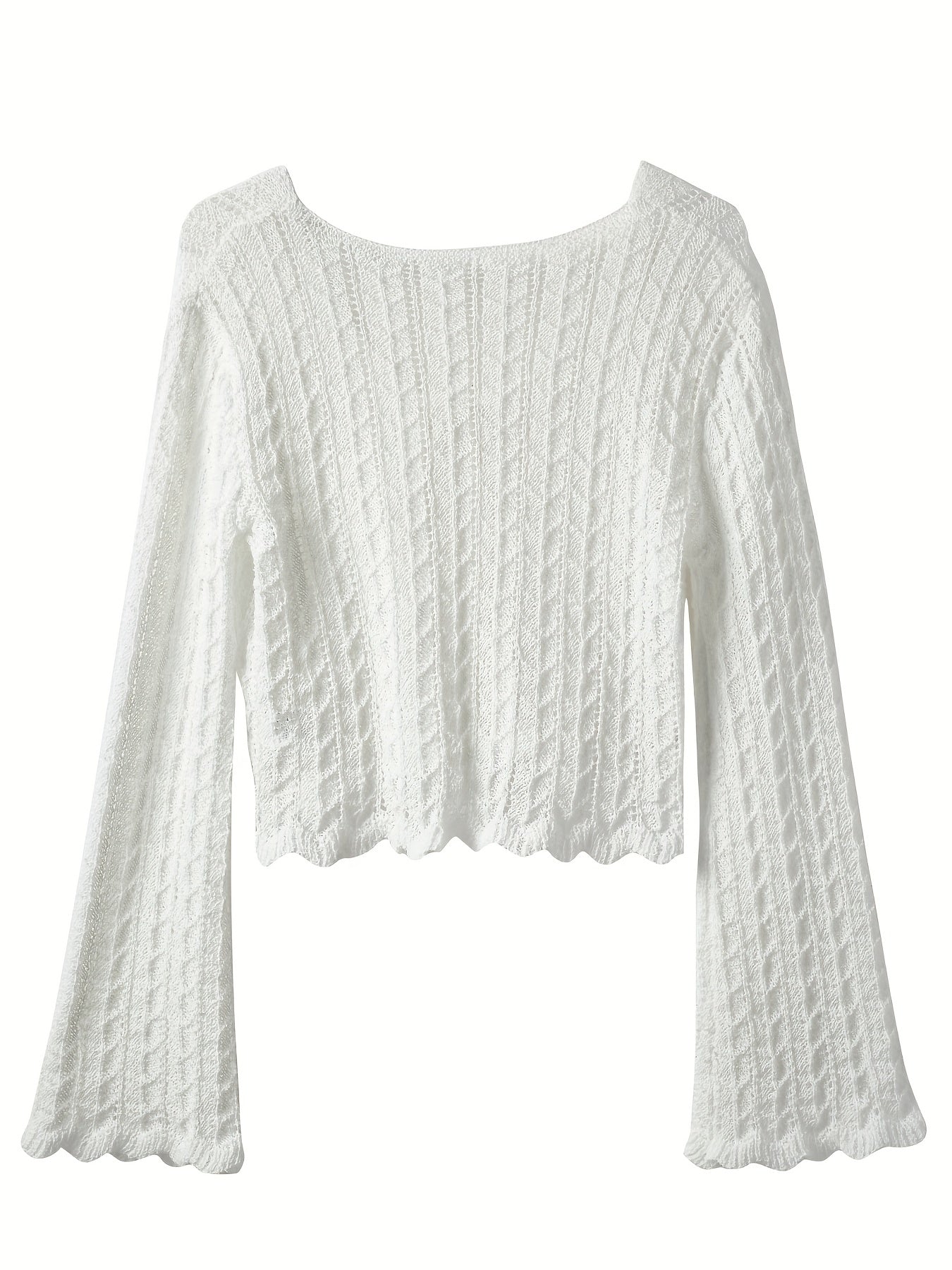Tie Front Knit Cardigan Scallop Trim Flared Sleeve Sweater