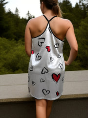 Heart Print Satin Cami Sleep Dress