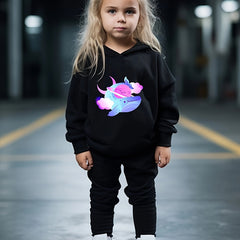Cartoon Whale Hooded Sweatshirt and Solid Sweatpants Set for Girls