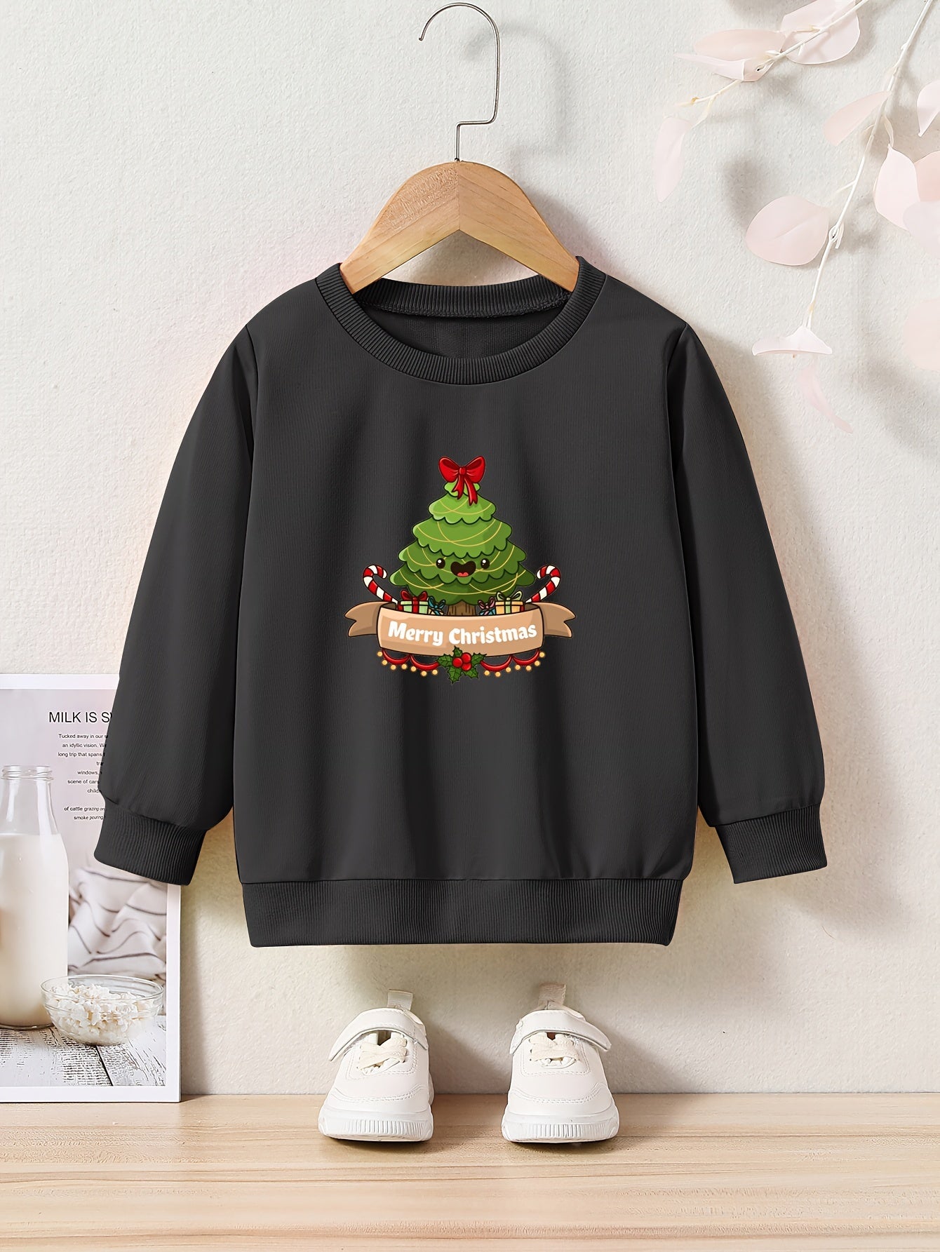 Candy Cane Tree Graphic Crew Neck Long Sleeve Sweatshirt for Kids