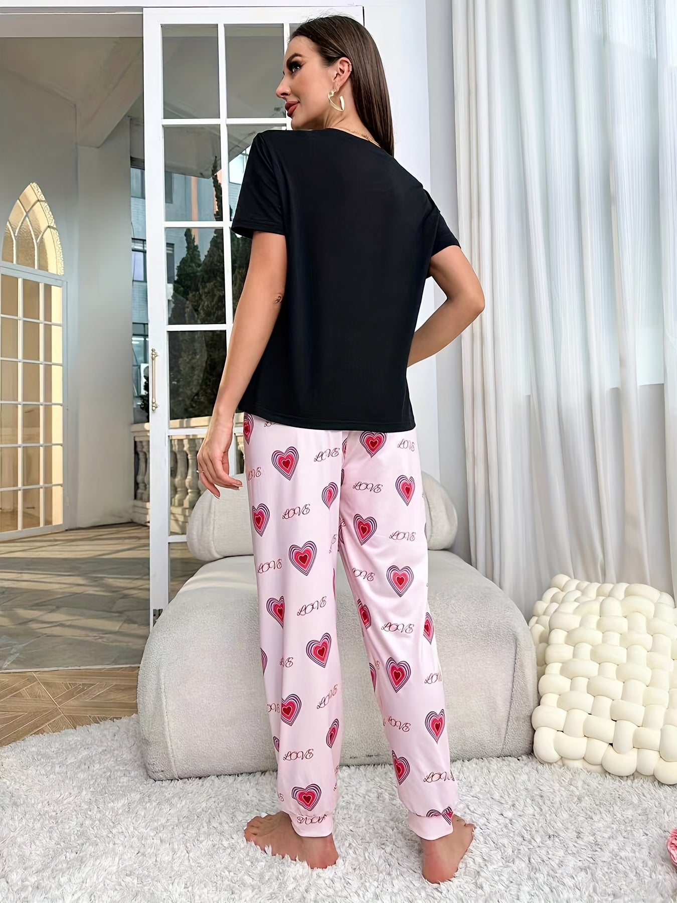 Heart Print Pajama Set Short Sleeve Crew Neck Top & Elastic Waistband Pants