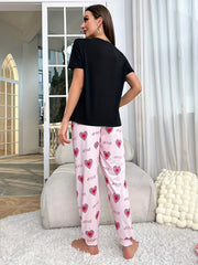 Heart Print Pajama Set Short Sleeve Crew Neck Top & Elastic Waistband Pants