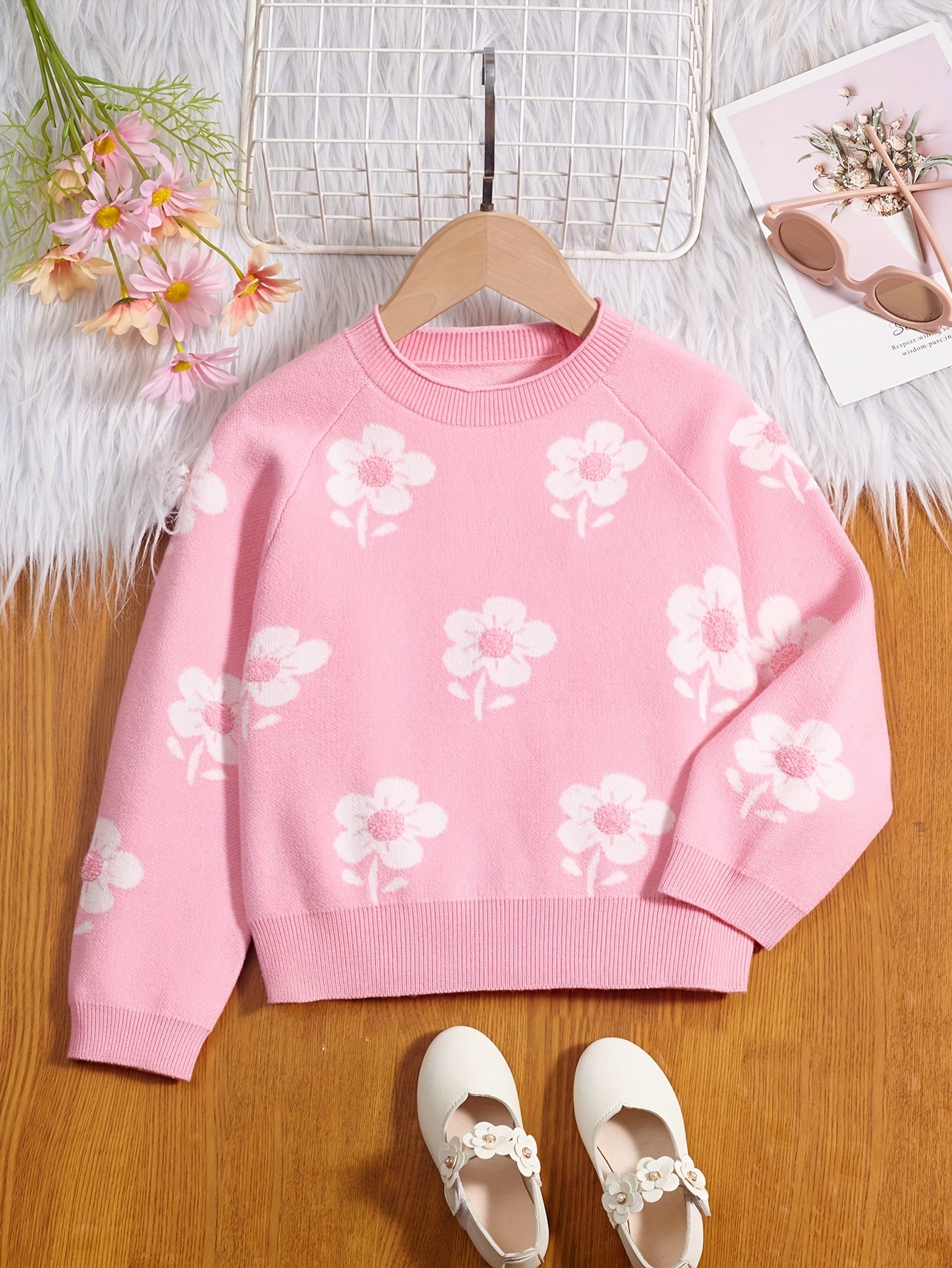 Girls' Flower Jacquard Knitted Crewneck Long Sleeve Sweater