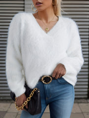 Solid Eyelash V-Neck Sweater Long Sleeve Jumper