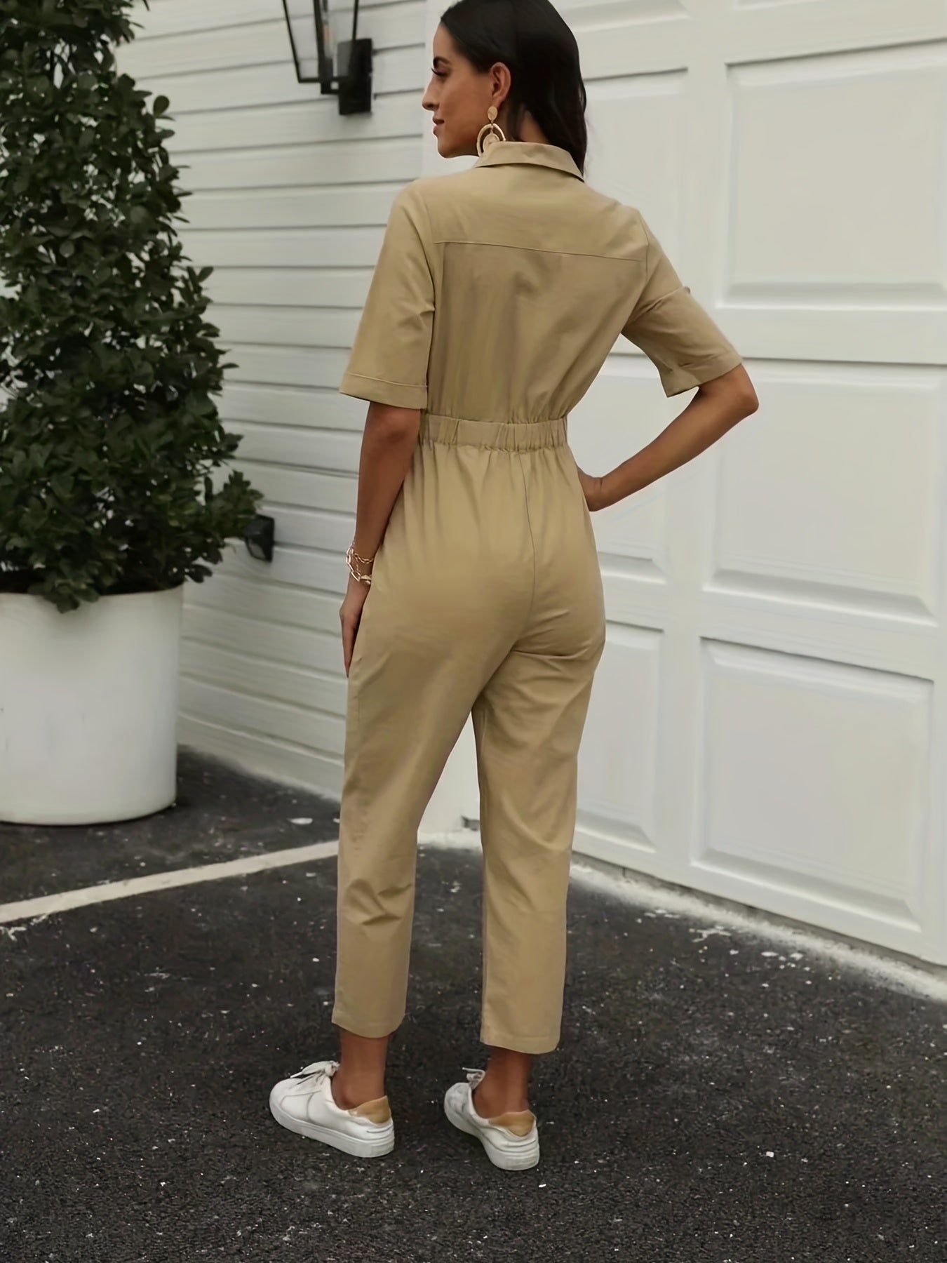 Button Front Jumpsuit Short Sleeve Wide Leg Jumpsuit