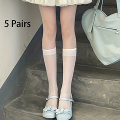 5 Pairs Lace Mesh Calf Socks Lolita Sheer Knee High Socks Women's Stockings