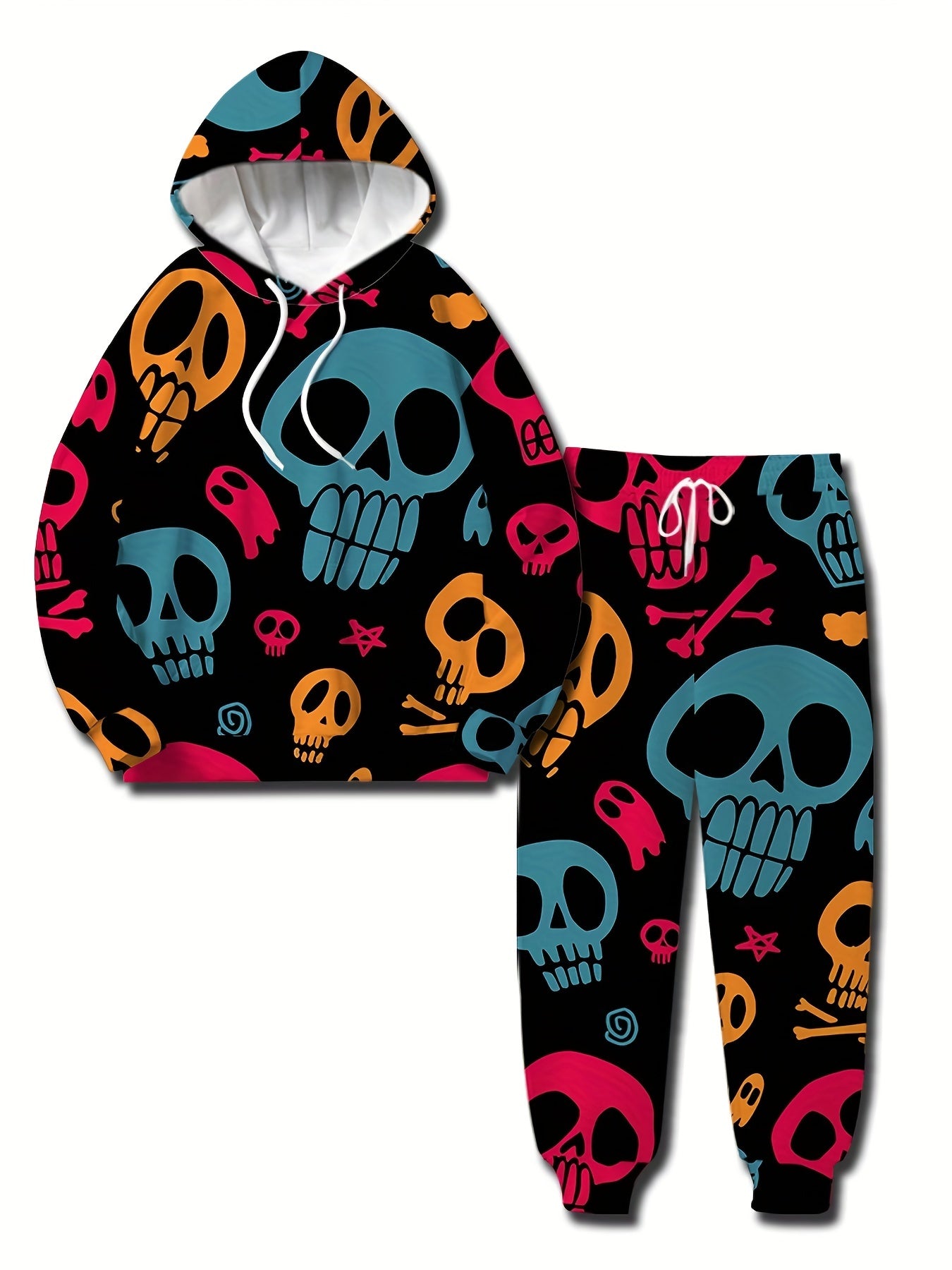 Skull Print Men's Casual Hoodie Sweatpants Set