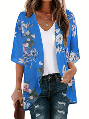 Floral Pattern Cover Up Shirt V Neck Half Sleeves Beachwear Cardigan