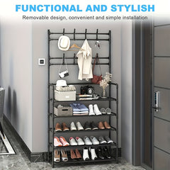 4 5 Tier Shoe Rack with Hooks Standing Garment Rack Space Saving