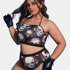 Plus Gothic Skull Halter Bra & High Rise Panty 2pcs Set