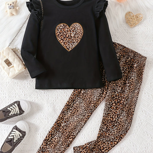 Leopard Heart Graphic Outfit Ruffled Long Sleeve Top & Pants Set