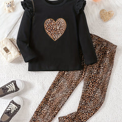 Leopard Heart Graphic Outfit Ruffled Long Sleeve Top & Pants Set