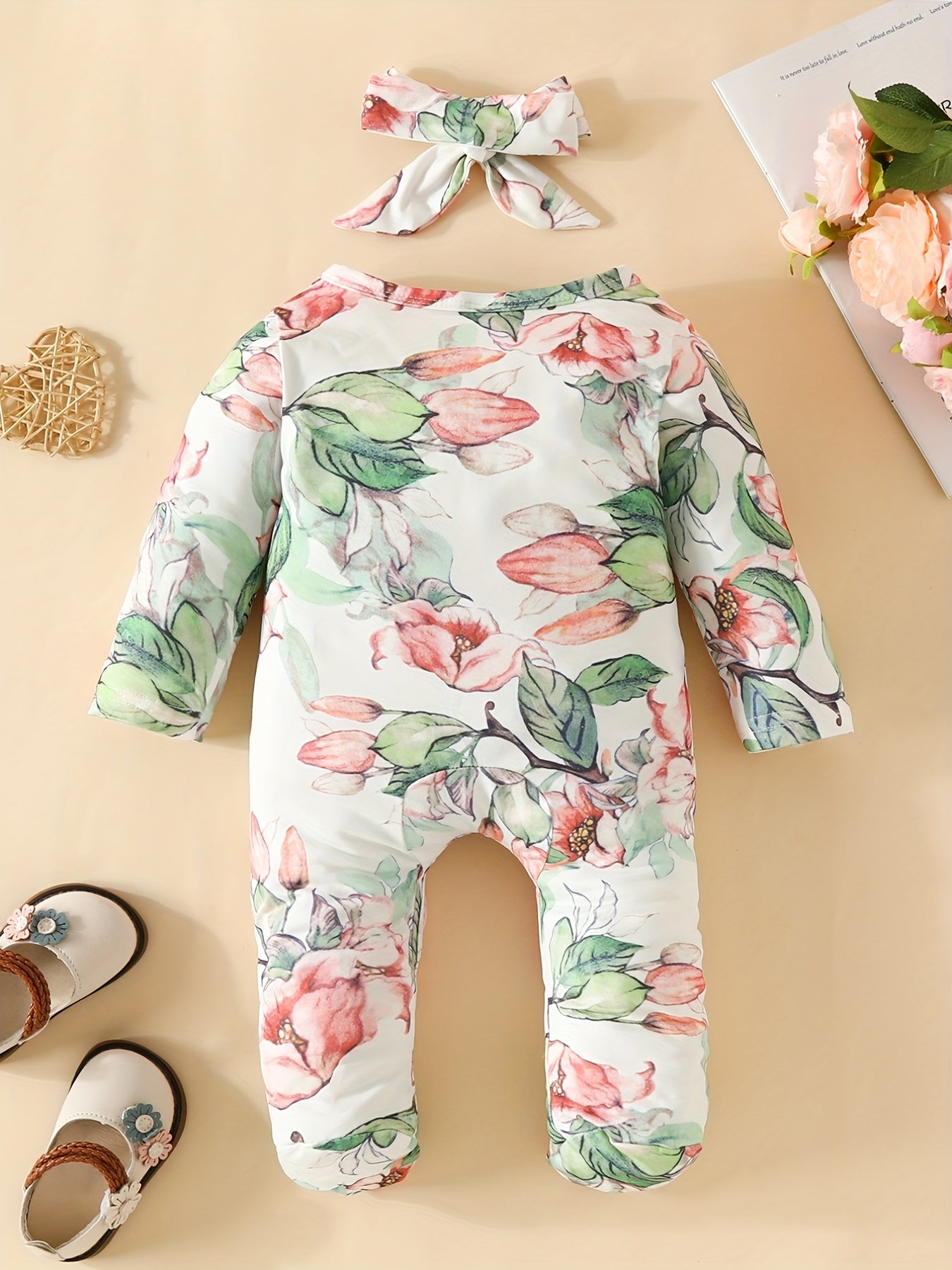 Baby Girl Flower Drawing Graphic Long Sleeve Romper