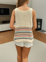 Striped Print Knit Top V Neck Sleeveless Tank Top