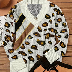 Colorblock Leopard Print V-Neck Sweater