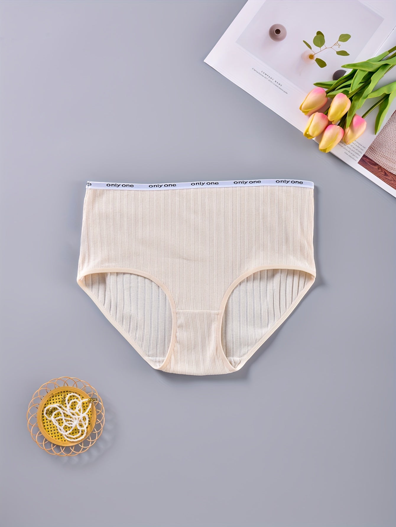5 Pack Plus Size Panties Set Women's Plus Ribbed Letter Tape Trim Briefs