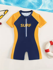 Boys Sun Protection Block Swimsuit Zip Up Onesie Kids Short Sleeved Quick Drying