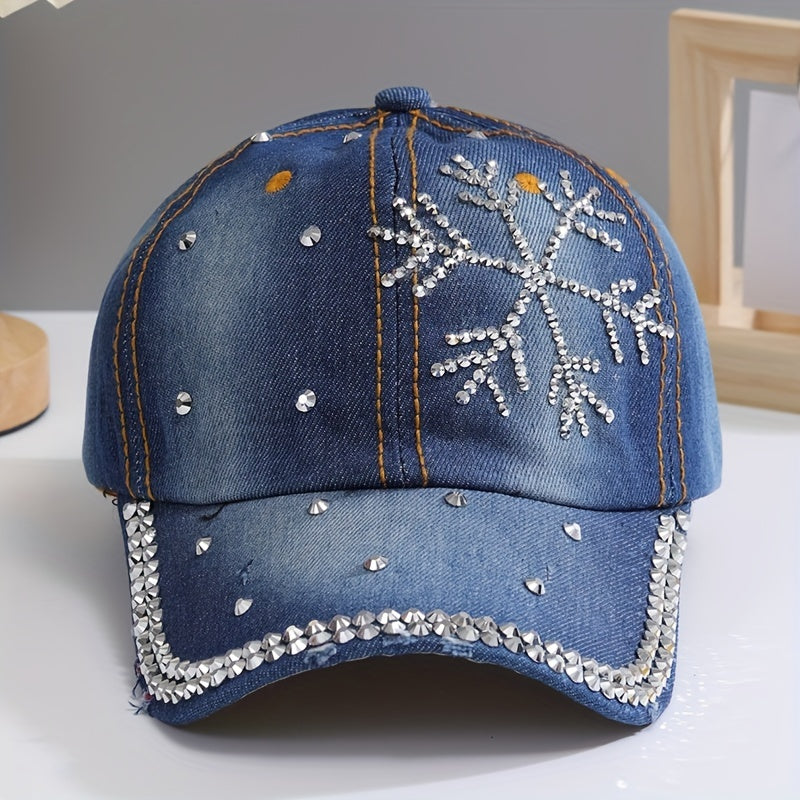 Snowflake Rhinestone Baseball Cap Distressed Denim Hat Y2K Sports Hat