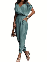 Shirred Waist Cold Shoulder Jumpsuit Casual V neck Jumpsuit Spring & Summer