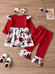 Girls Printed Bow Long Sleeve Top Flared Pants 3pcs Set