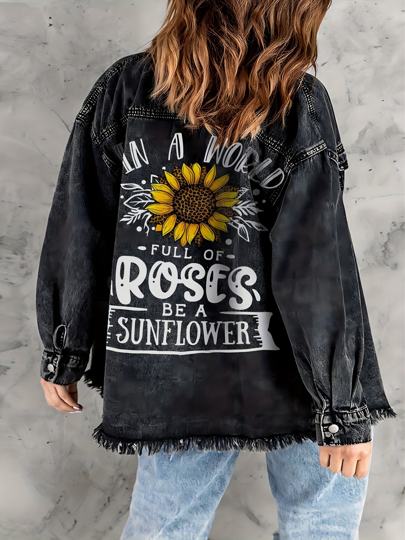 Dark Grey Sunflower Denim Jackets Long Sleeves Letter Print