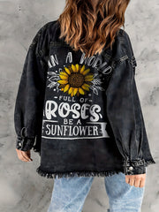 Dark Grey Sunflower Denim Jackets Long Sleeves Letter Print