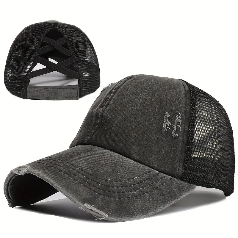 Classic Ponytail Trucker Hat Washed Distressed Mesh Baseball Cap Vintage Ripped