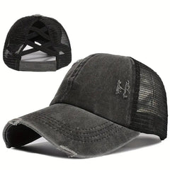 Classic Ponytail Trucker Hat Washed Distressed Mesh Baseball Cap Vintage Ripped