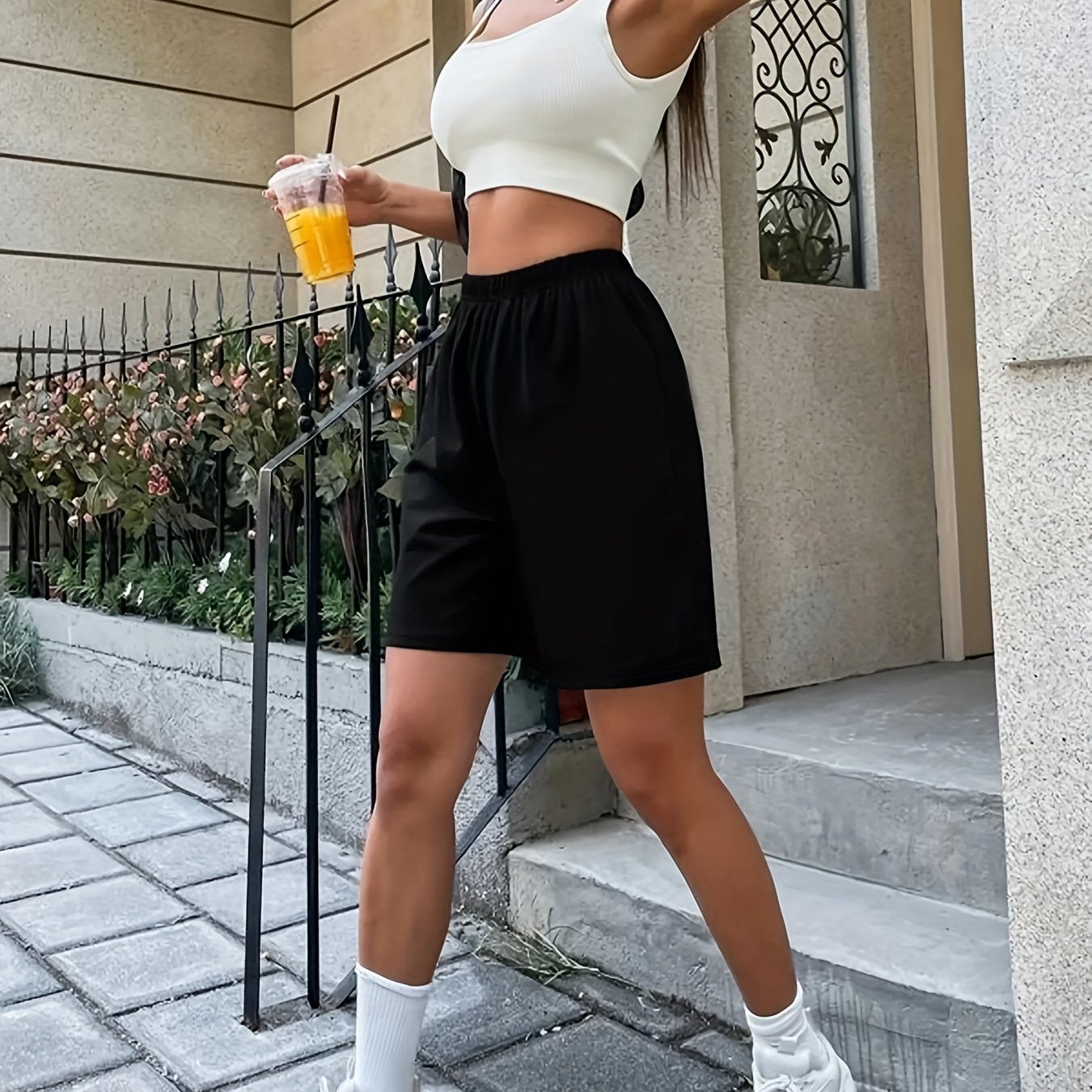 Ribbed Crop Tank Top & Elastic Waist Shorts Set Women's Outfit