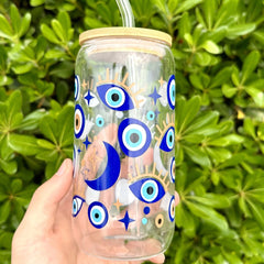 16oz Eyes Pattern Glass Cup Set Bamboo Lid Straw Holiday Gift