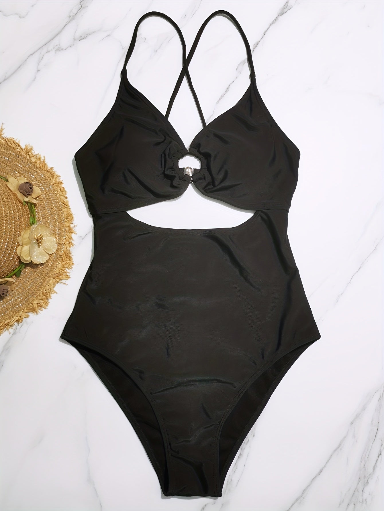 Ring Linked Criss Cross V Neck One Piece Swimsuit