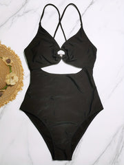 Ring Linked Criss Cross V Neck One Piece Swimsuit
