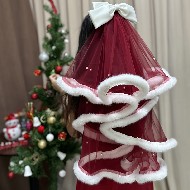 Short Burgundy Double Layer Bridesmaid Veil with Bow