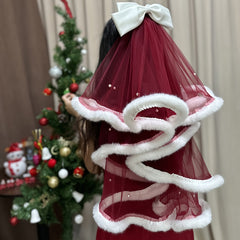 Short Burgundy Double Layer Bridesmaid Veil with Bow