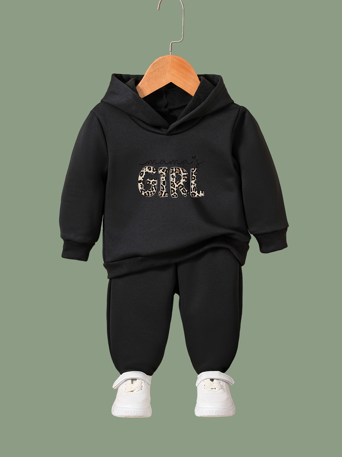 Cartoon Leopard Hoodie & Pants Set, Girl's Sporty Clothes