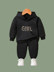 Cartoon Leopard Hoodie & Pants Set, Girl's Sporty Clothes