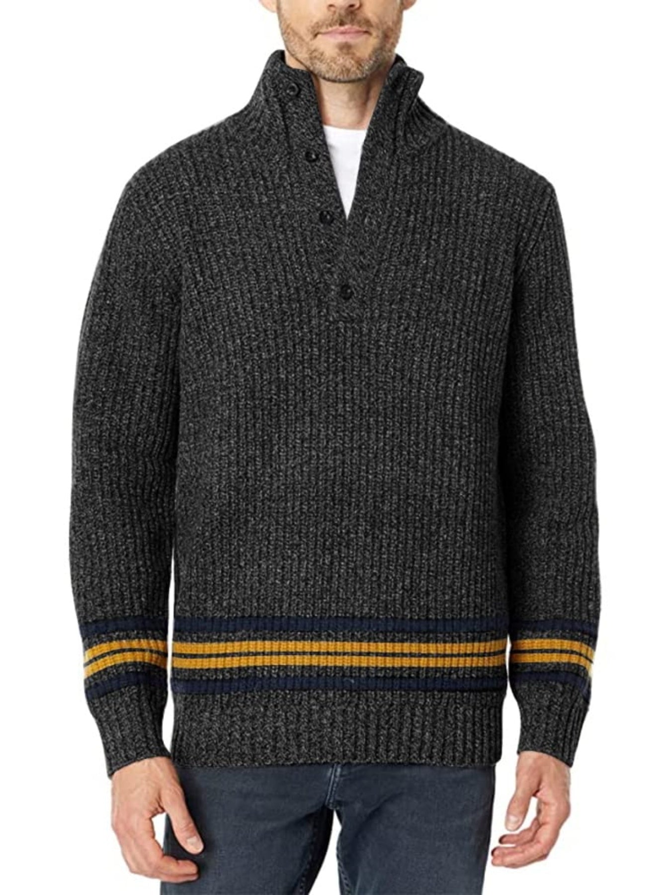 Men's Striped Stand Collar V Neck Knitted Sweater Button Up Cardigan