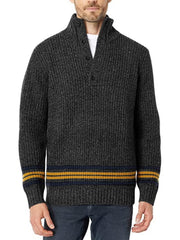 Men's Striped Stand Collar V Neck Knitted Sweater Button Up Cardigan