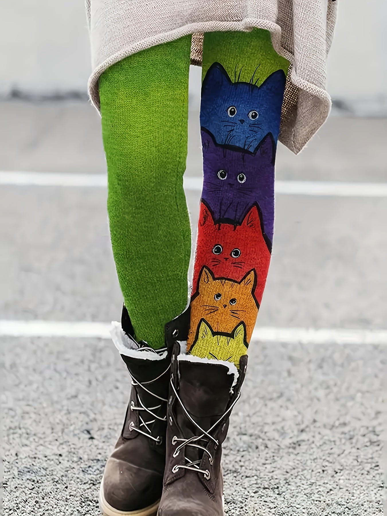 Colorful Cat Print High Rise Leggings