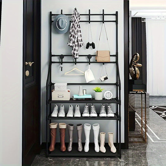 Shoe Storage Rack With Clothes Storage Shelf & Hooks