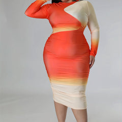 Women's Plus Ombre Print Long Sleeve Round Neck Midi Dress