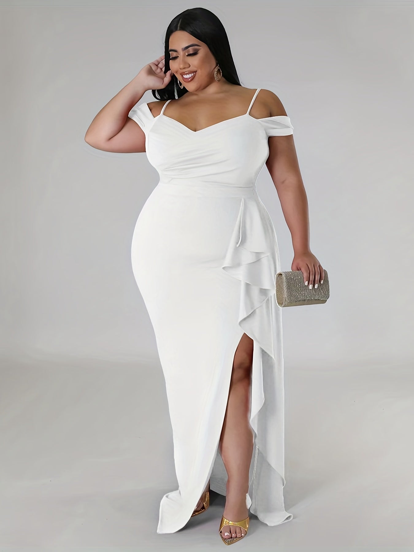 Sexy Dress Women's Plus Solid Cold Shoulder V Neck Split Dress