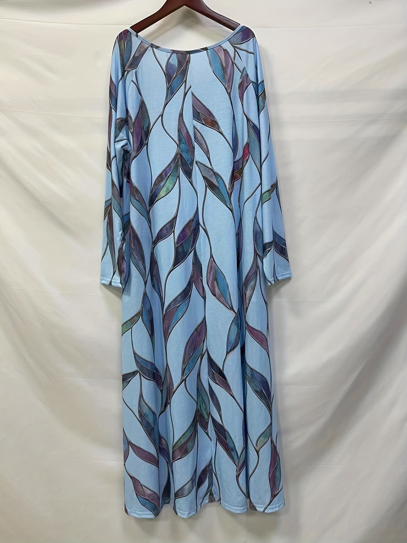 Leaf Print Long Sleeve Pleated Maxi Dress