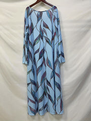 Leaf Print Long Sleeve Pleated Maxi Dress