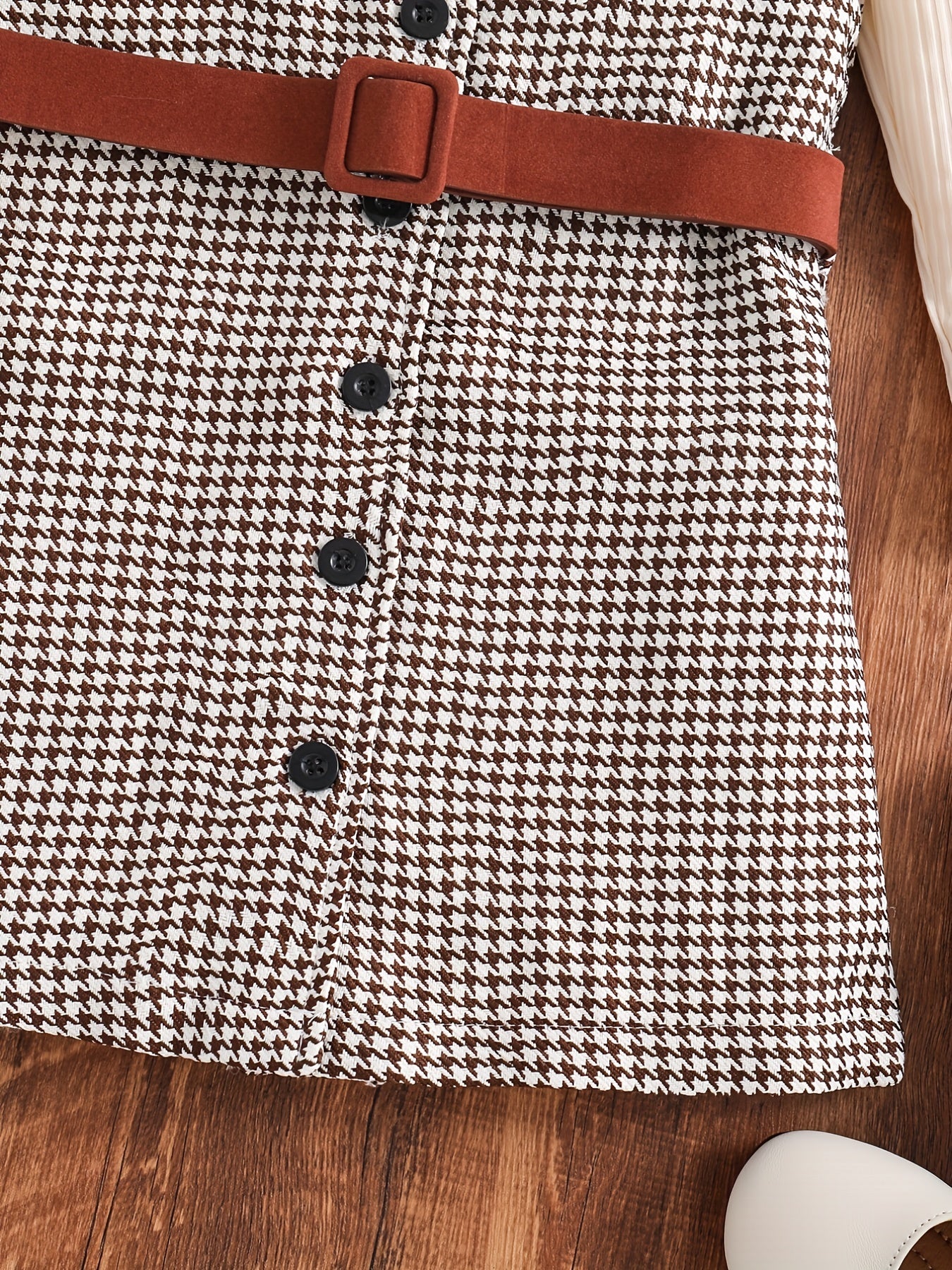 Girl's 2pcs Ribbed Top & Houndstooth Dress Set